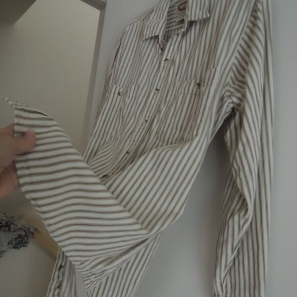 Banana Republic Shirt Size M Off White + Tan Cotton Ticking L/S - Vtg 80s Label - Picture 2 of 8
